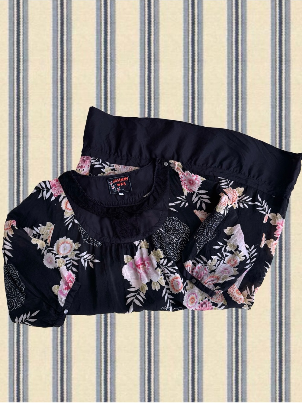 Johnny Was Black Floral Peasant Dress with Pink & Cream Blooms